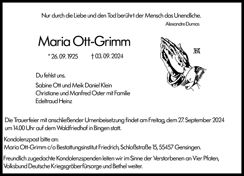  Traueranzeige für Maria Ott-Grimm vom 21.09.2024 aus Allgemeine Zeitung Rheinhessen-Nahe