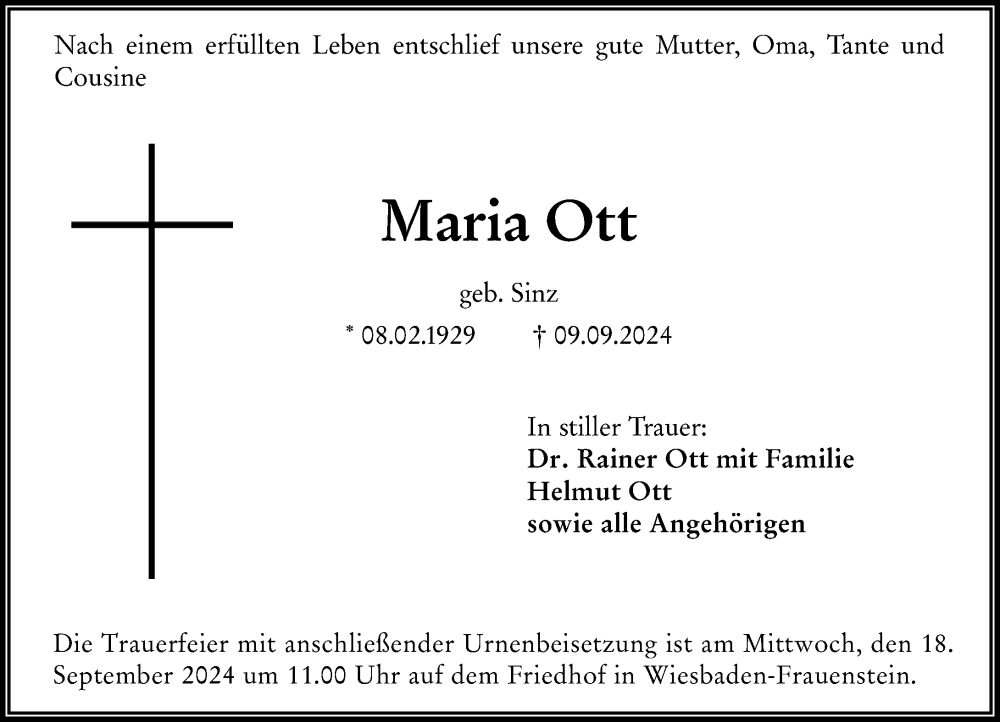  Traueranzeige für Maria Ott vom 14.09.2024 aus Wiesbadener Kurier