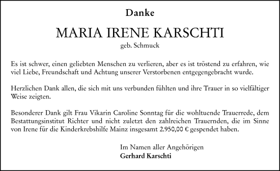 Traueranzeige von Maria Irene Karschti von Allgemeine Zeitung Mainz