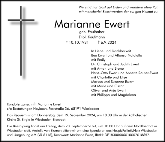 Traueranzeige von Marianne Ewert von Wiesbadener Kurier