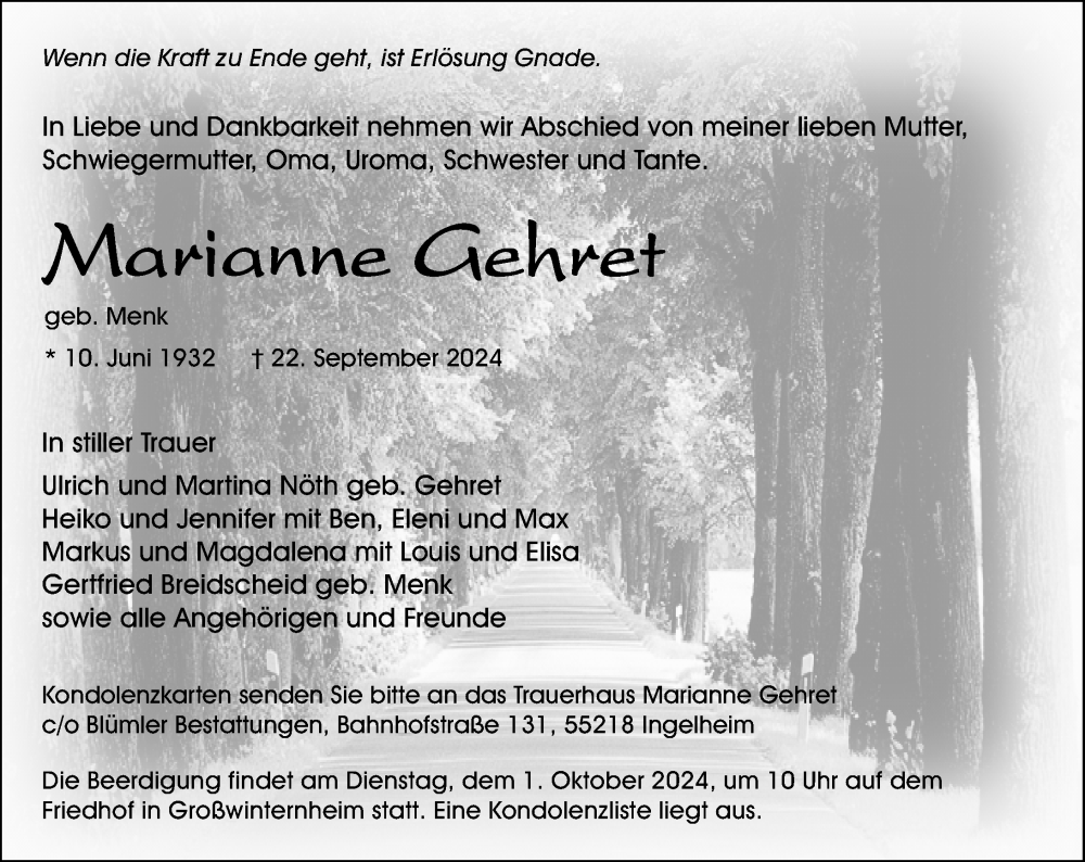  Traueranzeige für Marianne Gehret vom 28.09.2024 aus Allgemeine Zeitung Rheinhessen-Nahe