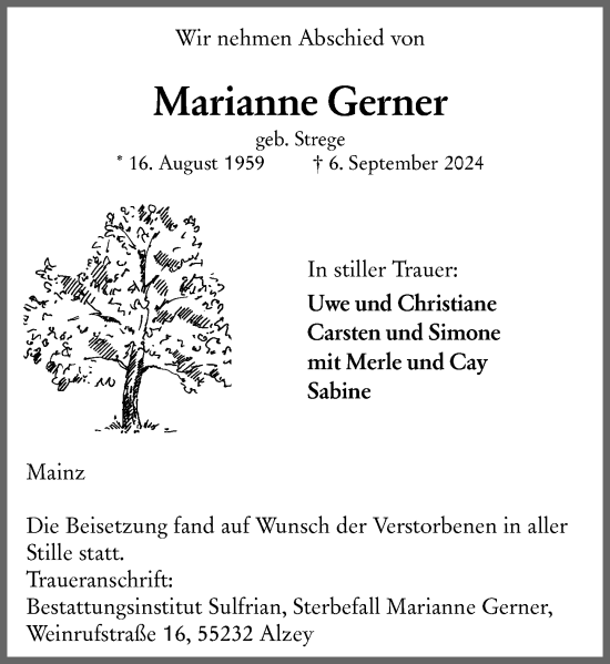 Traueranzeige von Marianne Gerner von Allgemeine Zeitung Mainz