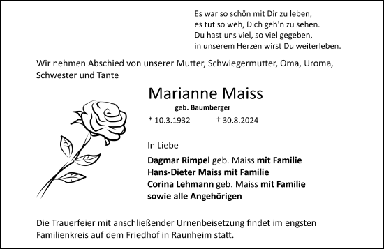 Traueranzeige von Marianne Maiss von Rüsselsheimer Echo