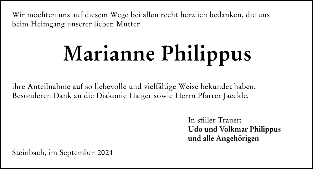  Traueranzeige für Marianne Philippus vom 11.09.2024 aus Dill Block