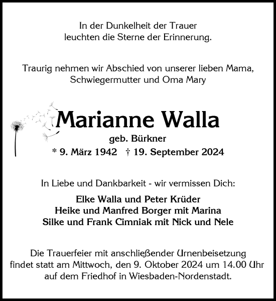 Traueranzeige von Marianne Walla von Wiesbadener Kurier