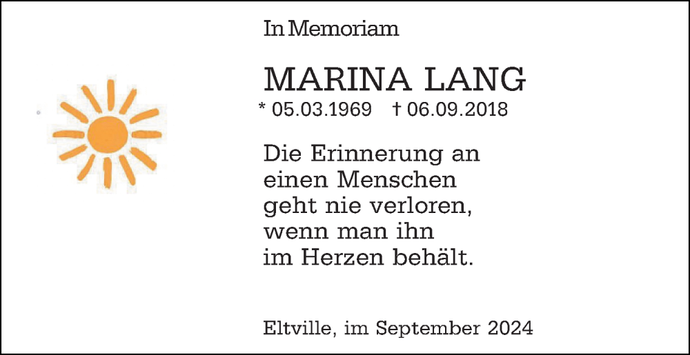  Traueranzeige für Marina Lang vom 06.09.2024 aus Rheingau Kurier