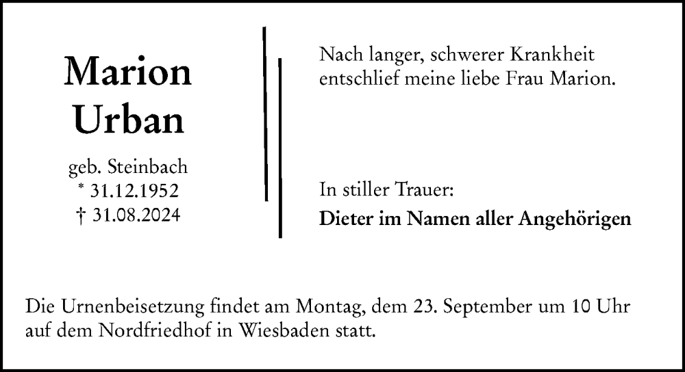  Traueranzeige für Marion Urban vom 14.09.2024 aus Wiesbadener Kurier