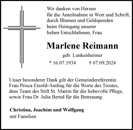 Traueranzeige von Marlene Reimann von Allgemeine Zeitung Rheinhessen-Nahe