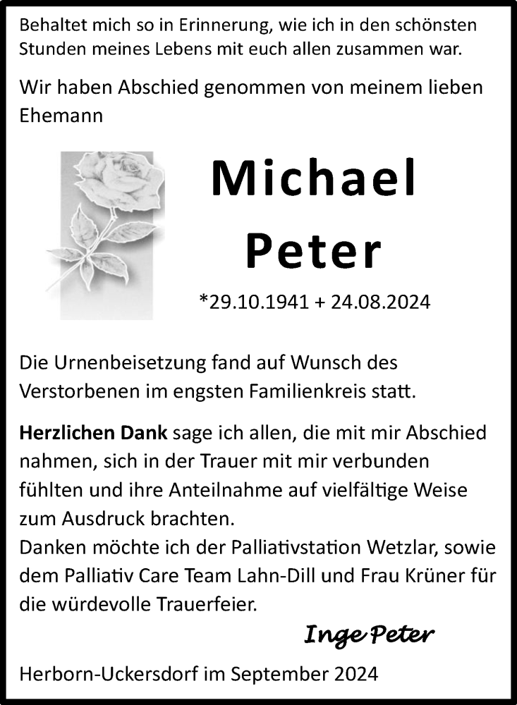  Traueranzeige für Michael Peter vom 13.09.2024 aus Dill Block