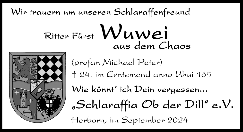  Traueranzeige für Michael Peter vom 21.09.2024 aus Dill Block