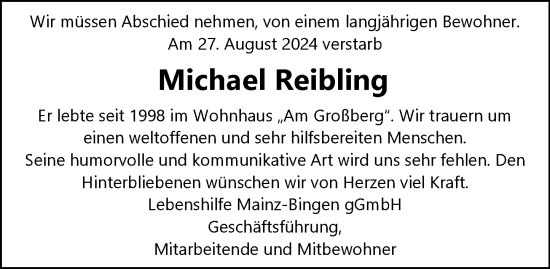 Traueranzeige von Michael Reibling von Allgemeine Zeitung Mainz