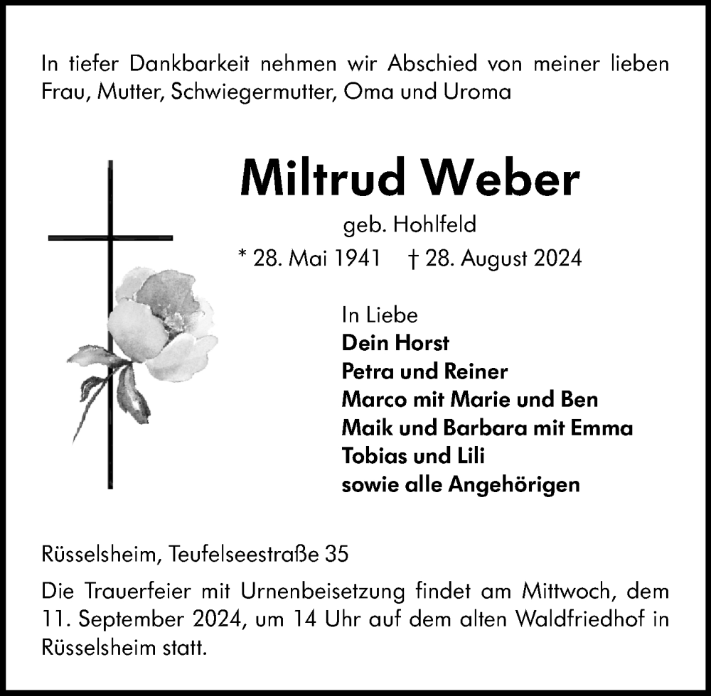  Traueranzeige für Miltrud Weber vom 07.09.2024 aus Rüsselsheimer Echo