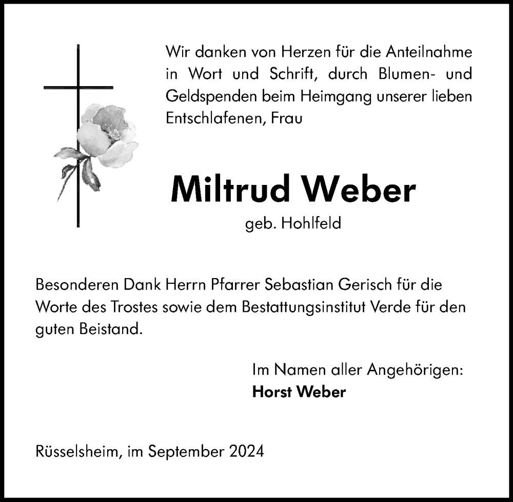  Traueranzeige für Miltrud Weber vom 21.09.2024 aus Rüsselsheimer Echo