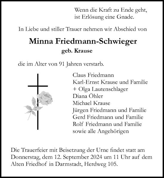 Traueranzeige von Minna Friedmann-Schwieger von Darmstädter Echo