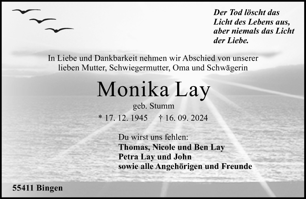  Traueranzeige für Monika Lay vom 21.09.2024 aus Allgemeine Zeitung Rheinhessen-Nahe
