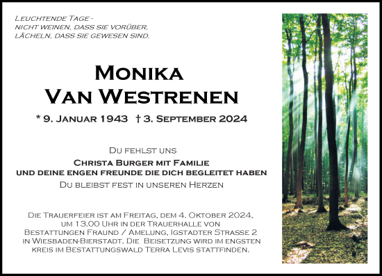 Traueranzeige von Monika  van Westrenen von Wiesbadener Kurier