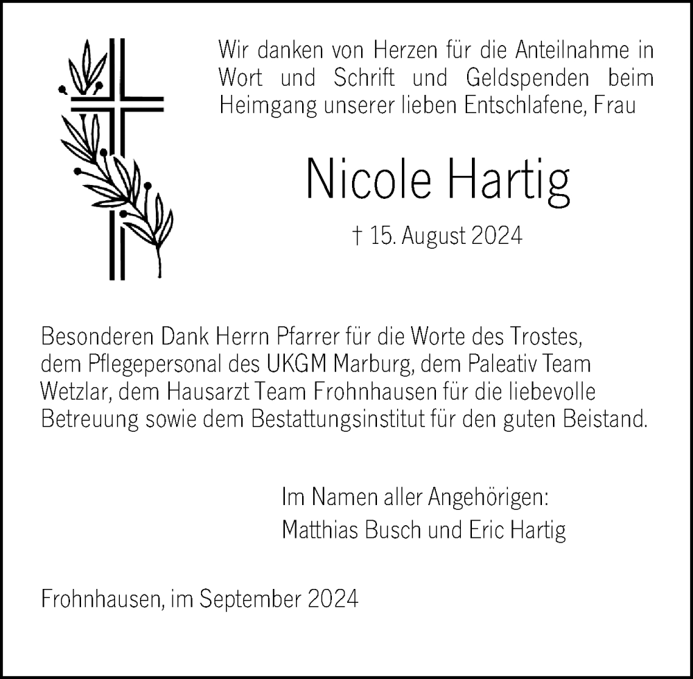  Traueranzeige für Nicole Hartig vom 24.09.2024 aus Dill Block