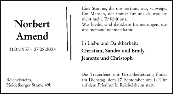 Traueranzeige von Norbert Amend von Odenwälder Echo