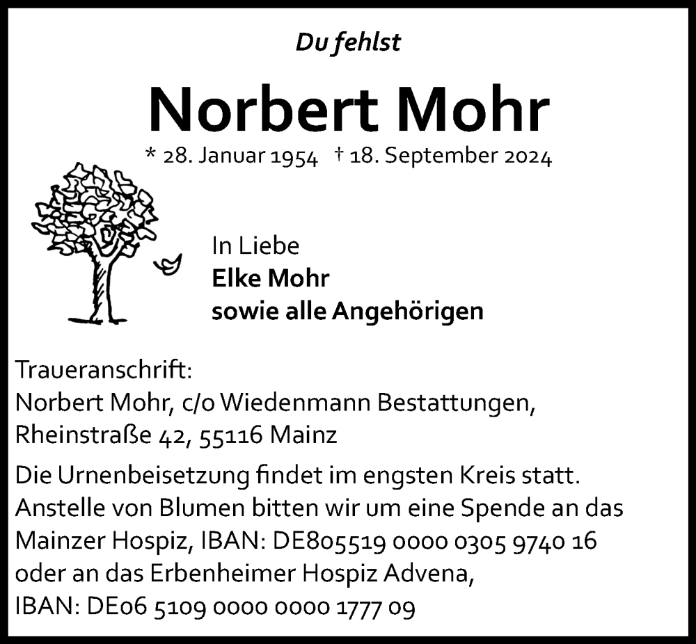  Traueranzeige für Norbert Mohr vom 28.09.2024 aus Allgemeine Zeitung Mainz