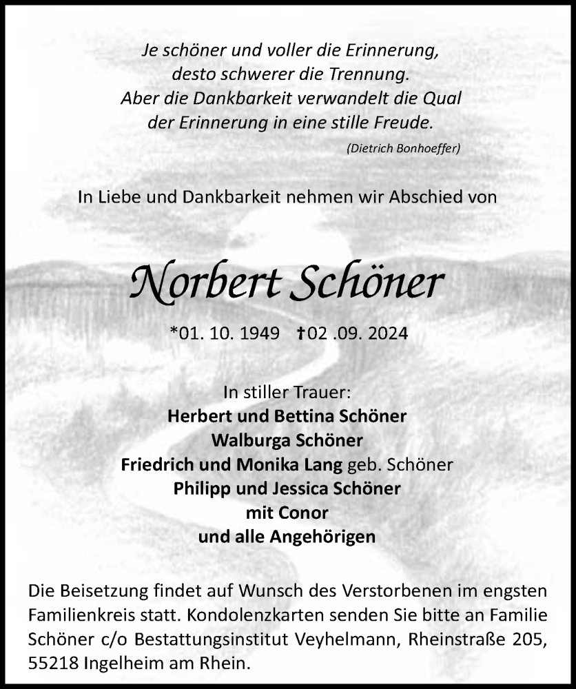  Traueranzeige für Norbert Schöner vom 14.09.2024 aus Allgemeine Zeitung Rheinhessen-Nahe