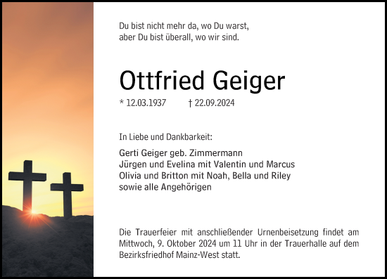 Traueranzeige von Ottfried Geiger von Allgemeine Zeitung Mainz
