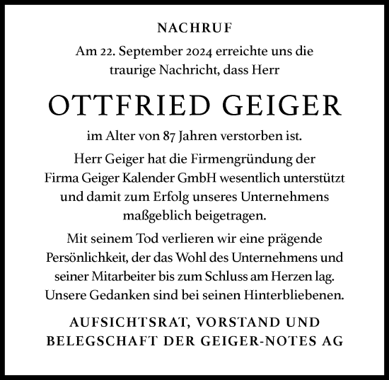Traueranzeige von Ottfried Geiger von Wiesbadener Kurier