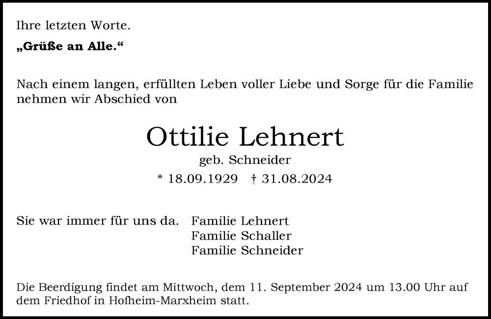  Traueranzeige für Ottilie Lehnert vom 07.09.2024 aus Nassauische Neue Presse