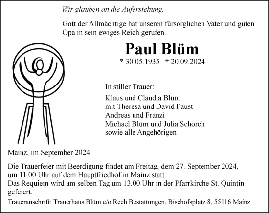 Traueranzeige von Paul Blüm von Allgemeine Zeitung Mainz