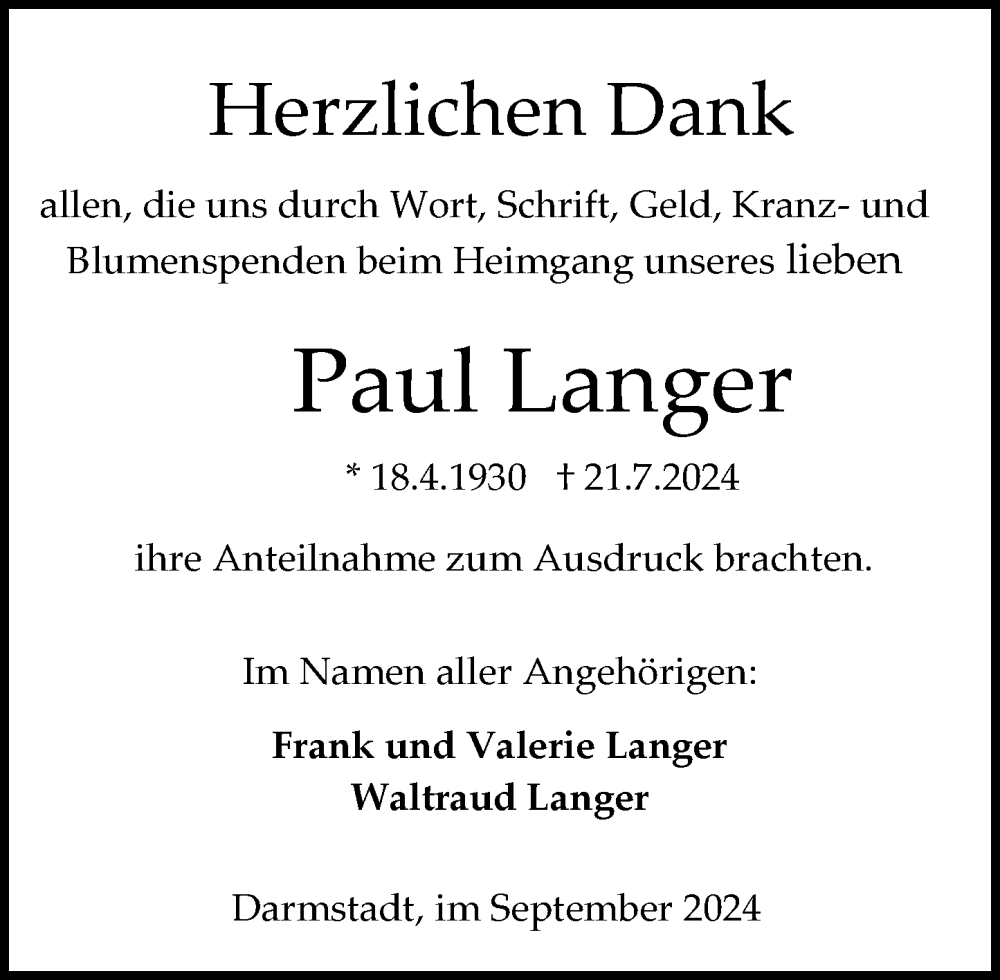  Traueranzeige für Paul Langer vom 28.09.2024 aus Darmstädter Echo