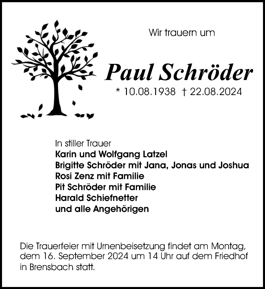  Traueranzeige für Paul Schröder vom 07.09.2024 aus Odenwälder Echo