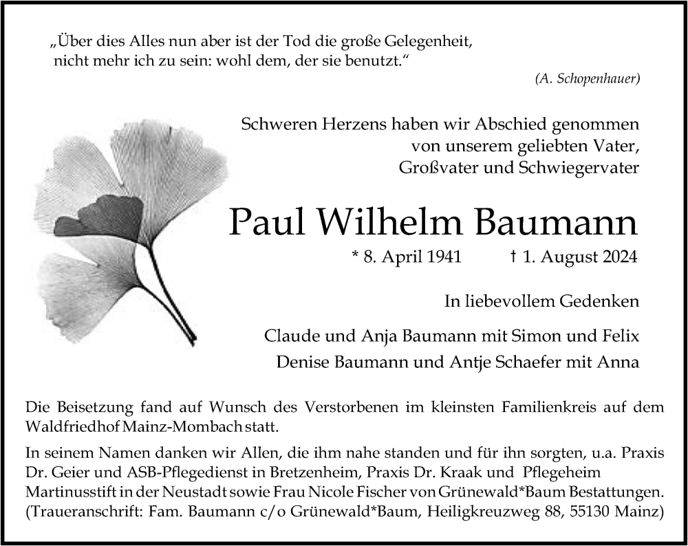  Traueranzeige für Paul Wilhelm Baumann vom 14.09.2024 aus Allgemeine Zeitung Mainz