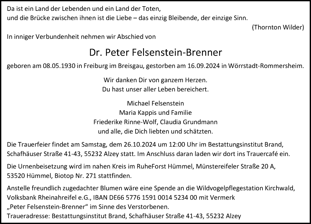  Traueranzeige für Peter Felsenstein-Brenner vom 21.09.2024 aus Allgemeine Zeitung Mainz