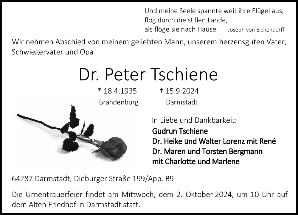  Traueranzeige für Peter Tschiene vom 28.09.2024 aus Darmstädter Echo