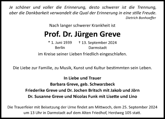 Traueranzeige von Prof. Dr. Jürgen Greve von Darmstädter Echo