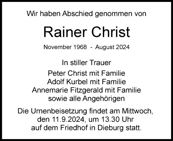 Traueranzeige von Rainer Christ von Dieburger Anzeiger/Groß-Zimmerner Lokal-Anzeiger