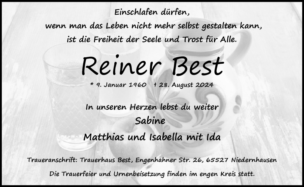  Traueranzeige für Reiner Best vom 14.09.2024 aus Wiesbadener Kurier