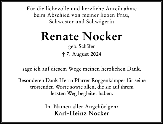 Traueranzeige von Renate Nocker von Wiesbadener Kurier