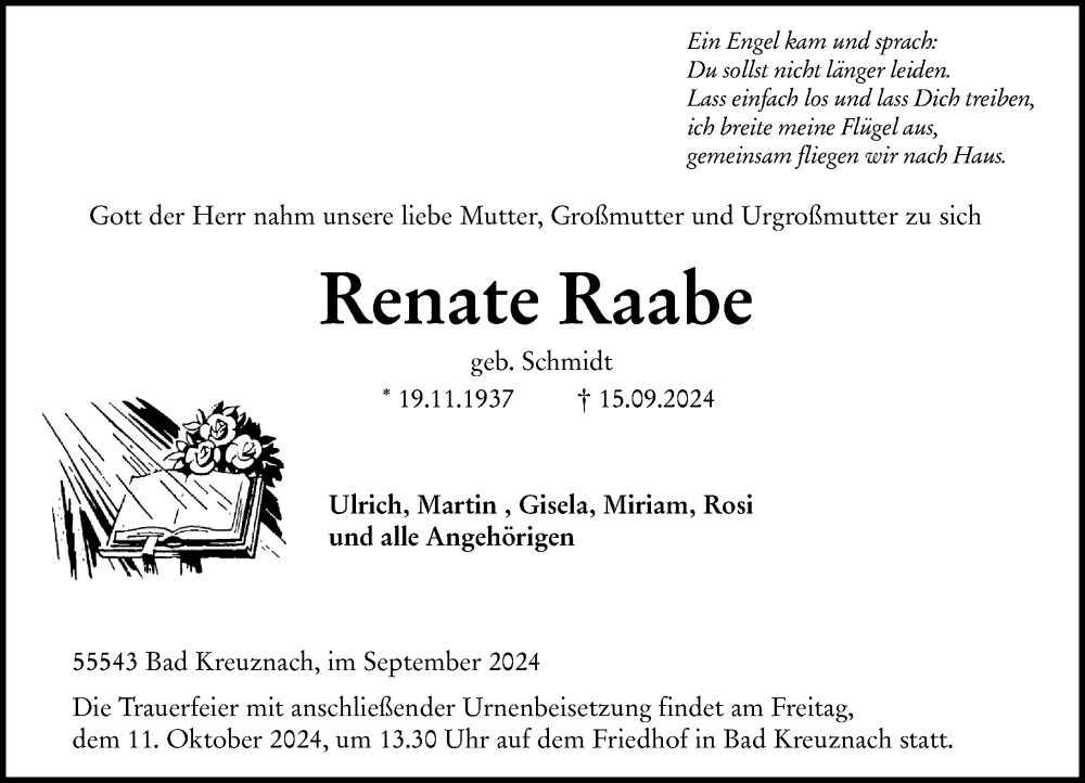  Traueranzeige für Renate Raabe vom 28.09.2024 aus Allgemeine Zeitung Rheinhessen-Nahe