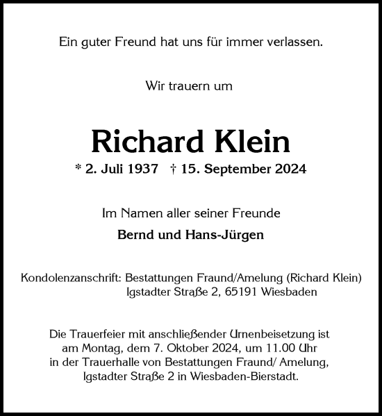 Traueranzeige von Richard Otto Klein von Wiesbadener Kurier