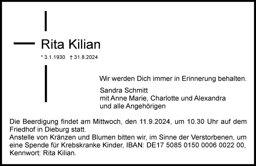  Traueranzeige für Rieta Kilian vom 07.09.2024 aus Dieburger Anzeiger/Groß-Zimmerner Lokal-Anzeiger