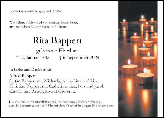 Traueranzeige von Rita Bappert von Allgemeine Zeitung Rheinhessen-Nahe