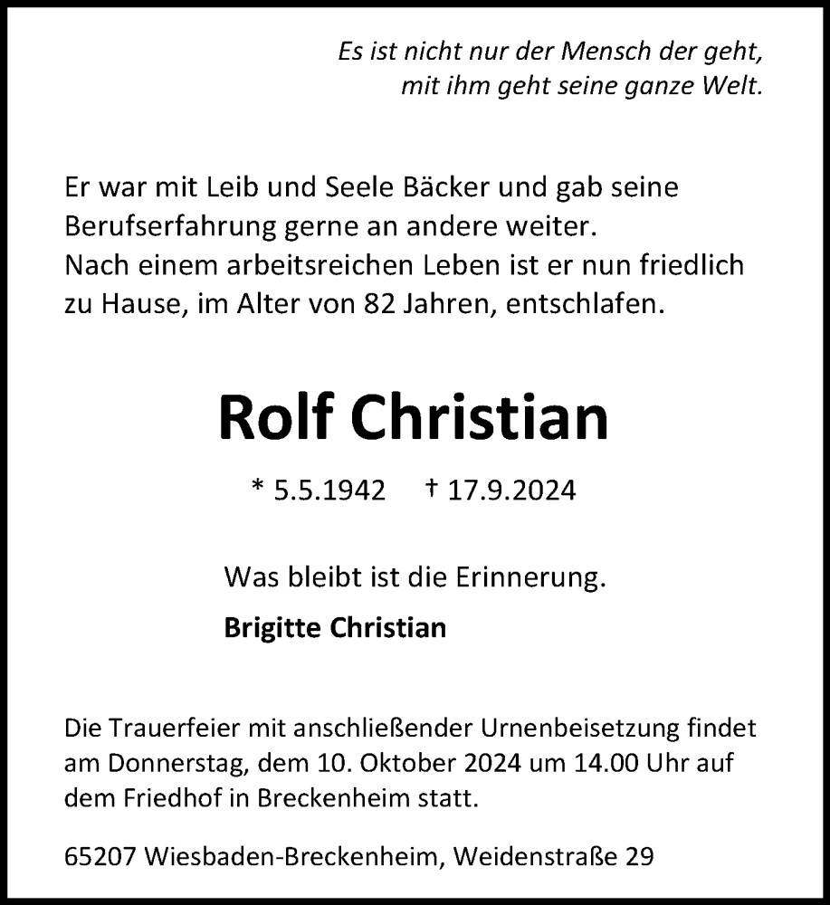  Traueranzeige für Rolf Christian vom 28.09.2024 aus Wiesbadener Kurier