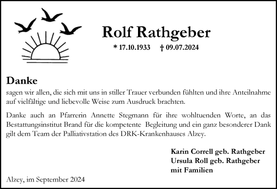 Traueranzeige von Rolf Rathgeber von Allgemeine Zeitung Alzey