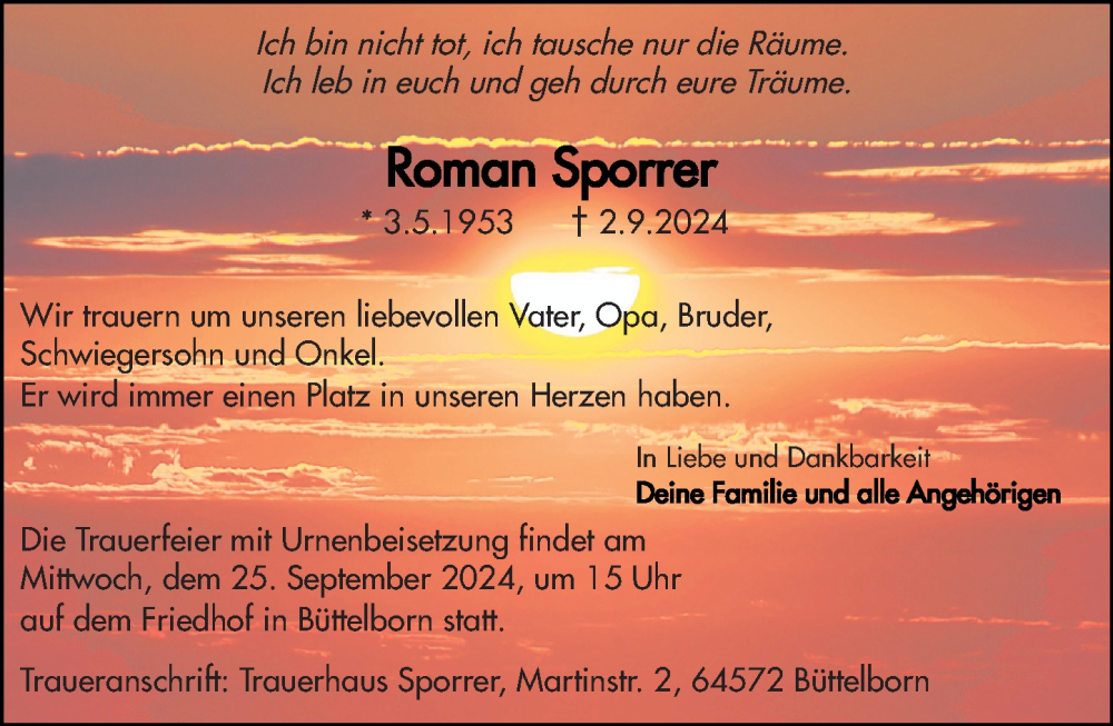  Traueranzeige für Roman Sporrer vom 14.09.2024 aus Groß-Gerauer Echo