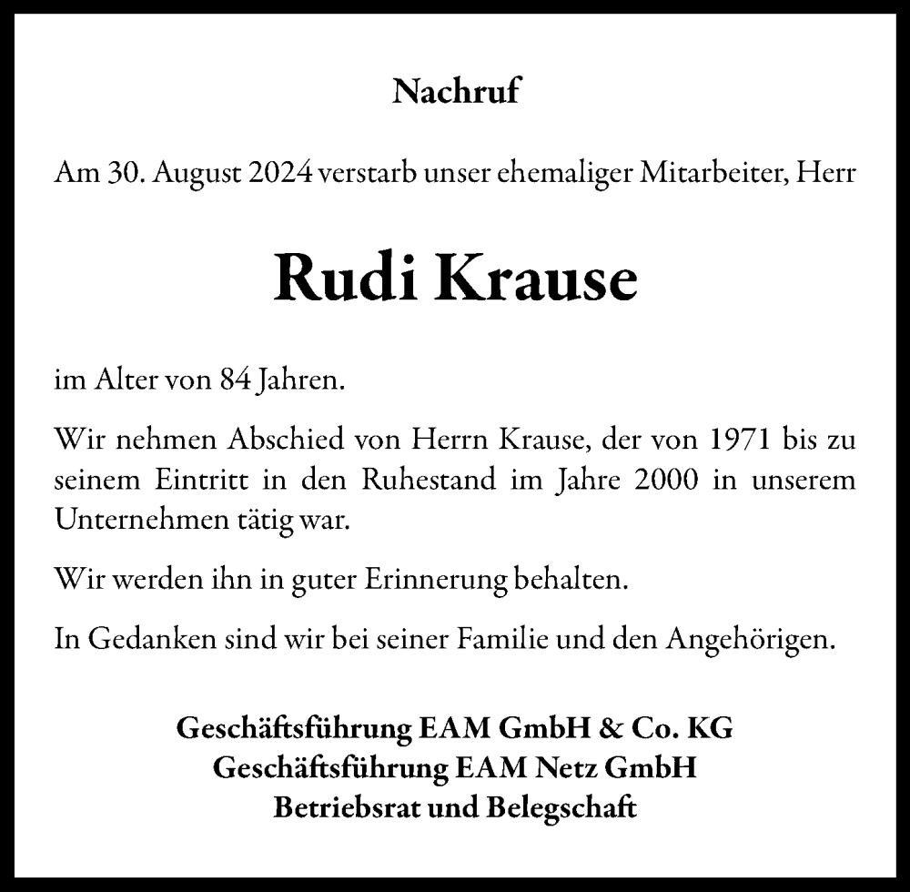  Traueranzeige für Rudi Krause vom 25.09.2024 aus Weilburger Tageblatt