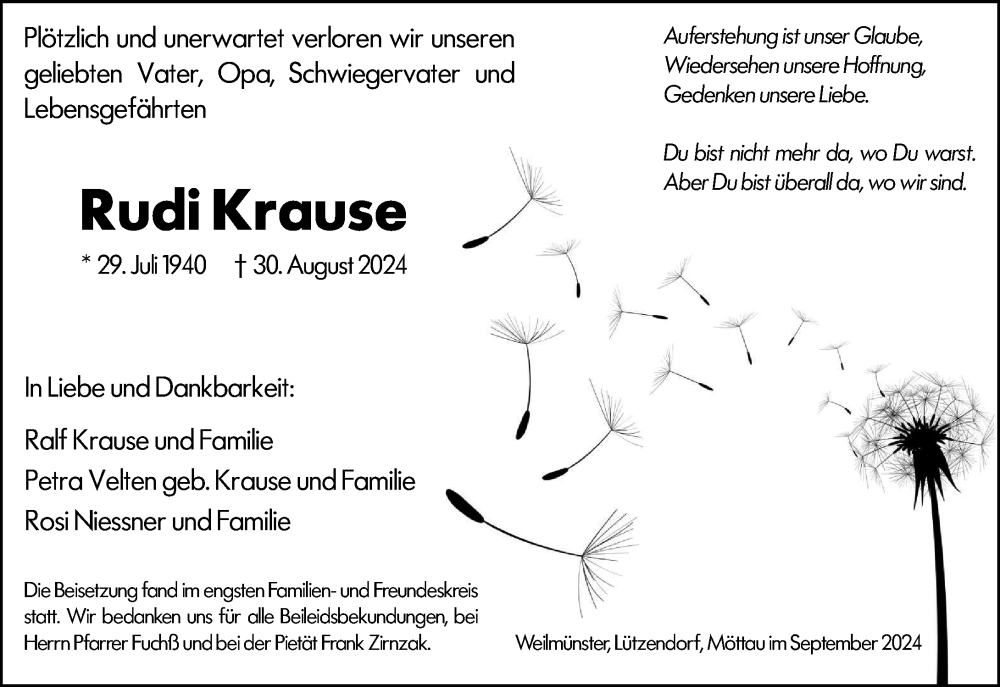  Traueranzeige für Rudi Krause vom 14.09.2024 aus Weilburger Tageblatt