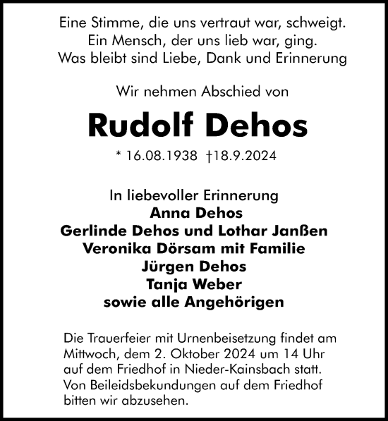 Traueranzeige von Rudolf Dehos von Odenwälder Echo