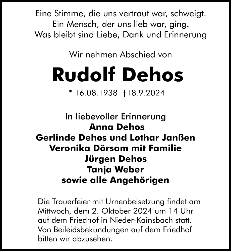  Traueranzeige für Rudolf Dehos vom 28.09.2024 aus Odenwälder Echo