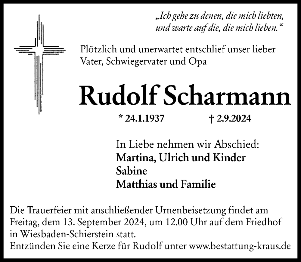  Traueranzeige für Rudolf Scharmann vom 07.09.2024 aus Wiesbadener Kurier