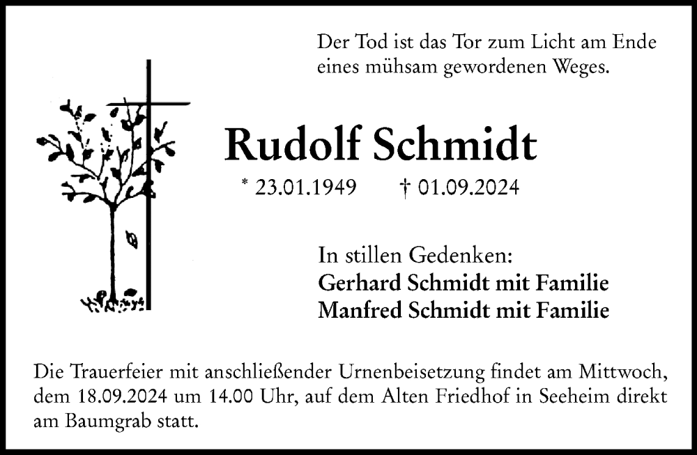  Traueranzeige für Rudolf Schmidt vom 14.09.2024 aus Darmstädter Echo